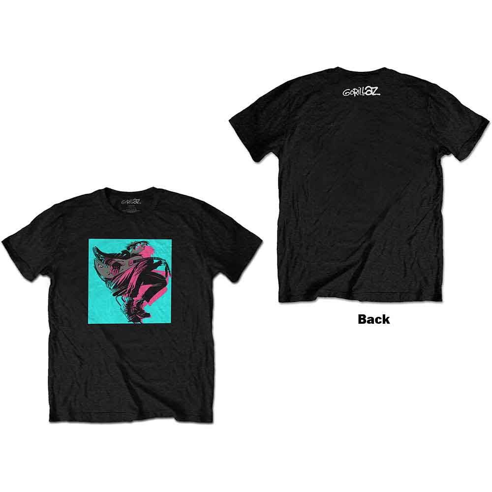 Black t-shirt with a turquoise square featuring a pink Gorillaz logo.
