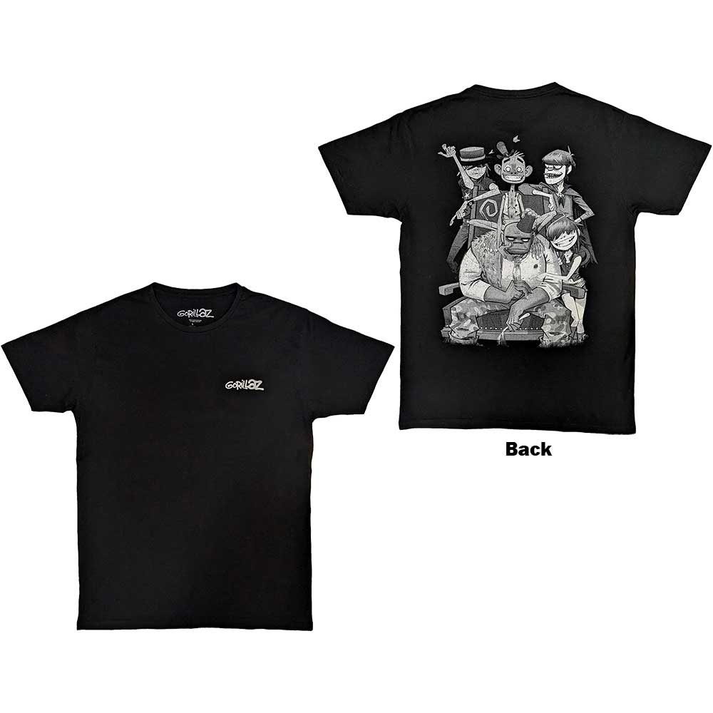 Black Gorillaz t-shirt with a large back print of the George Group and a pocket spray design.