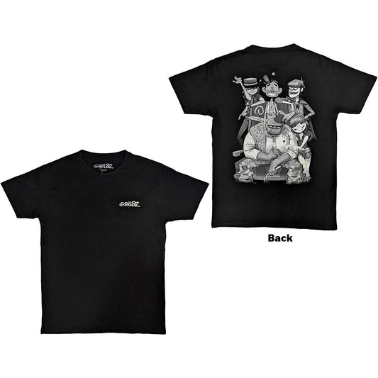 Black Gorillaz t-shirt with a large back print of the George Group and a pocket spray design.