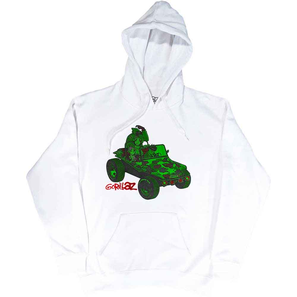 Green Gorillaz hoodie with a Jeep graphic, size large.