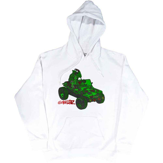 Green Gorillaz hoodie with a Jeep graphic, size large.