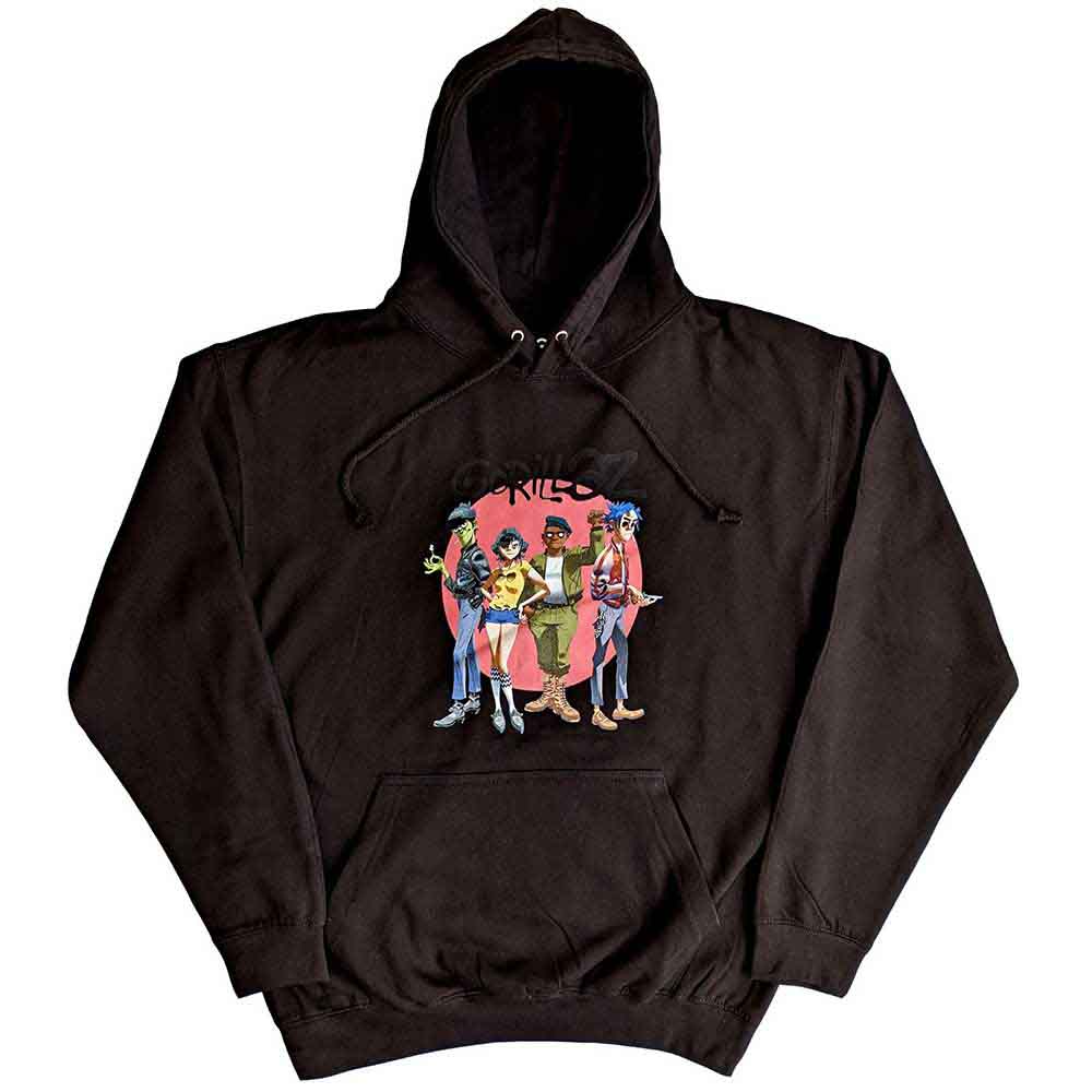 Dark gray hoodie with Gorillaz band logo—a circular group illustration—on the front.