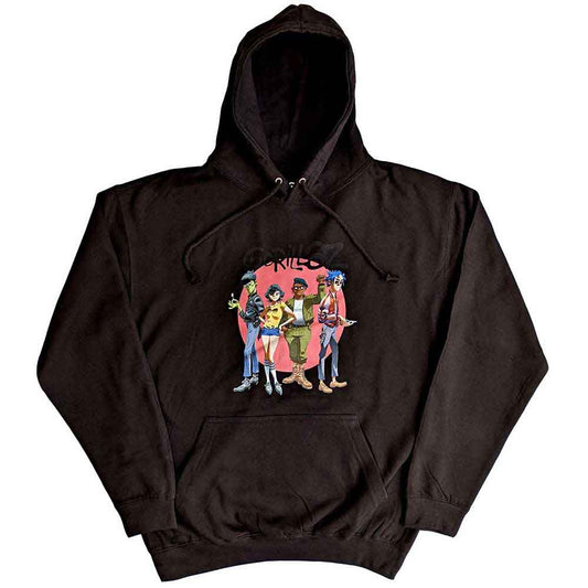 Dark gray hoodie with Gorillaz band logo—a circular group illustration—on the front.