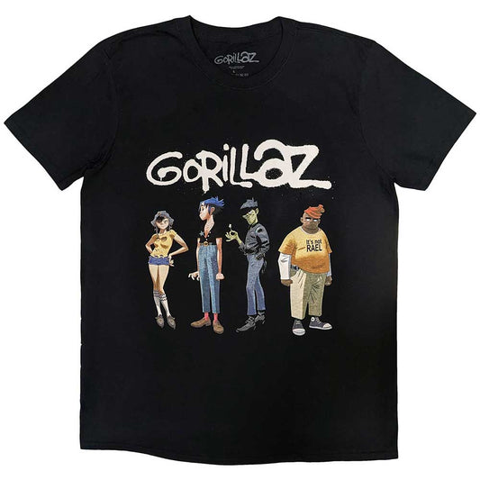 Large black t-shirt with a white Gorillaz spray paint-style logo and group name.