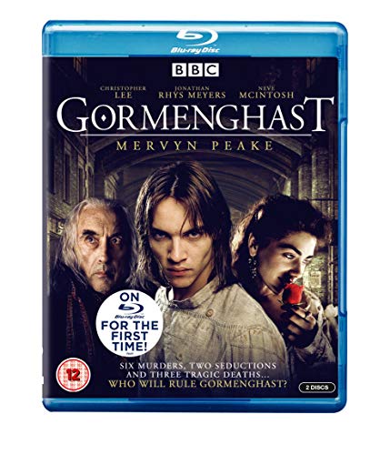 “Gormenghast” Blu-ray cover with actors, castle backdrop, and BBC logo.