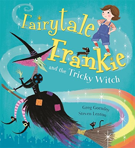 Book cover: a girl, a witch on a broom, and a dachshund.