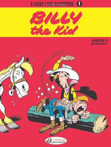 Lucky Luke spanks Billy the Kid over a log while his horse watches.