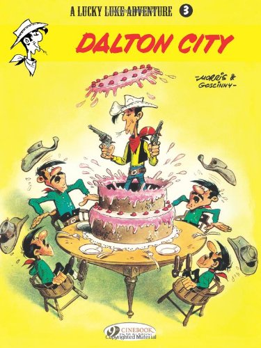 Lucky Luke comic cover: cowboy atop a large pink frosted cake.
