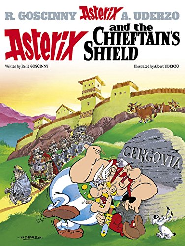 Asterix and Obelix with a large shield, Roman soldiers in background.