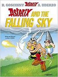 Asterix and Obelix under a stormy sky with a falling object.