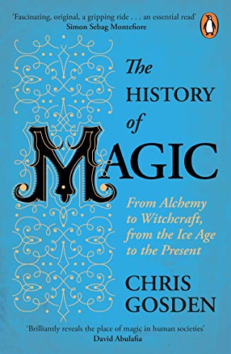 Book cover: “The History of Magic” with ornate blue and gold design.