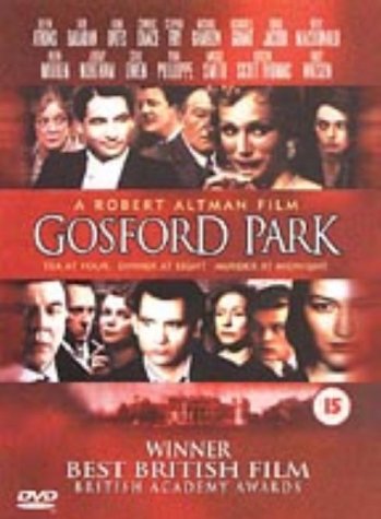 Gosford Park DVD cover featuring a cast portrait and red background.