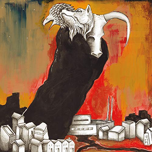 A large black figure with animal heads looms over a small town against red.