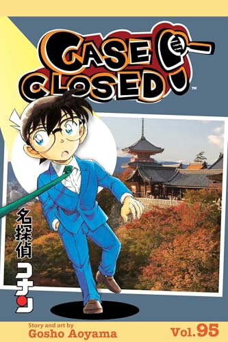 Case Closed volume 95 manga cover featuring Conan Edogawa before a Japanese temple background.