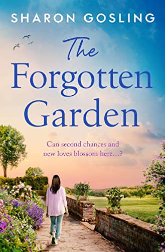 Book cover: woman walking towards a garden with a sunset backdrop.