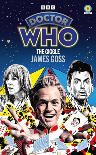 Book cover featuring Doctor Who title, The Giggle, with illustrations of three characters and cards.