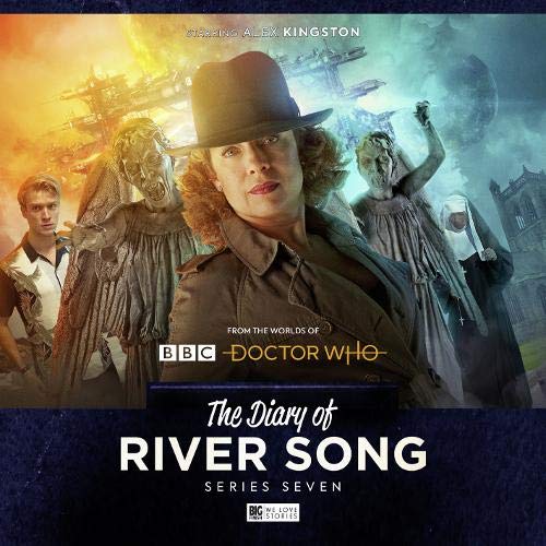 River Song, a woman in a hat, with Weeping Angels and the Doctor.