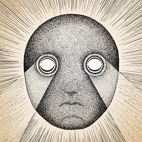 "Black and white illustration of a face with glowing eyes on a beige background."