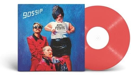 Album cover featuring the band Gossip next to a bright red vinyl record.