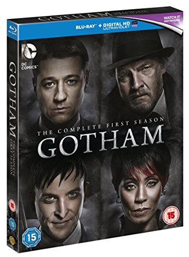 "Bluray cover for Gotham Season 1, featuring four characters' faces in a dark, cloudy background."