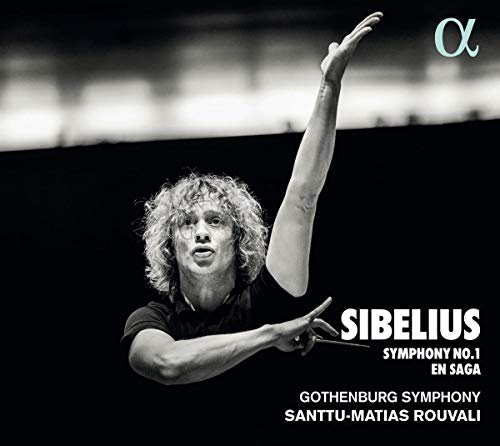 Conductor Santtu-Matias Rouvali with orchestra, album cover for Sibelius’ works.