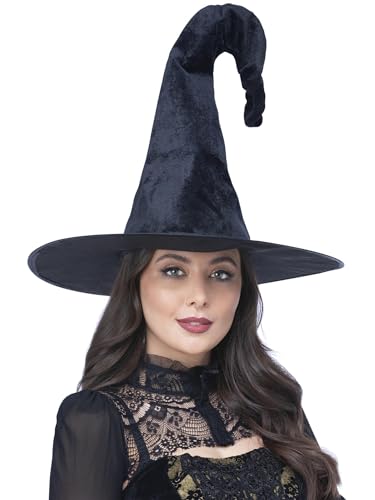 Black velvet witch hat with a dramatically curved, pointed brim.