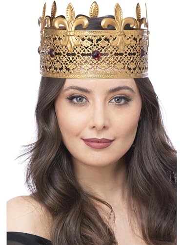 Gold filigree crown with red gems worn on a person’s head.