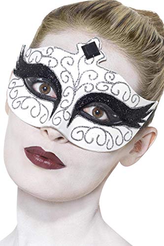 White swan eyemask with black jeweled details and tie closures.