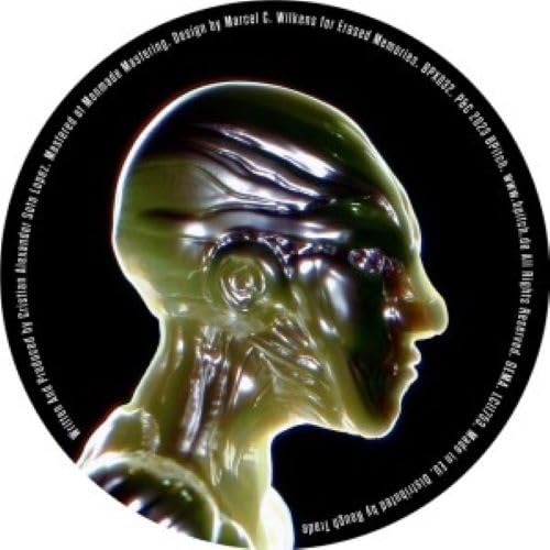 Vinyl record label with a translucent human head illustration.