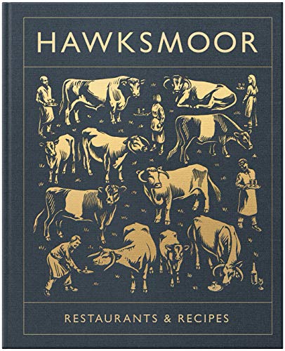 Dark blue cookbook cover with gold illustrations of cattle and people.