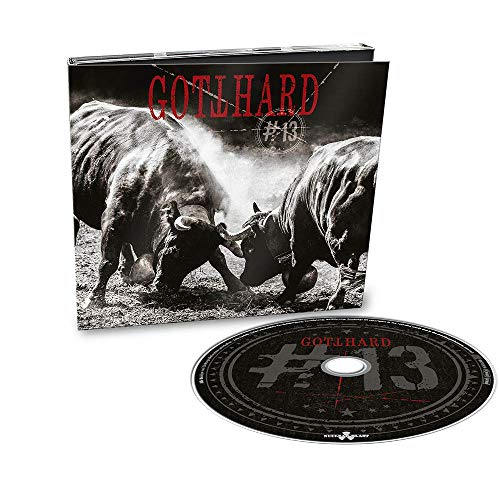 "Album cover featuring two bulls fighting, with 'GOTTHARD #13' written in red."