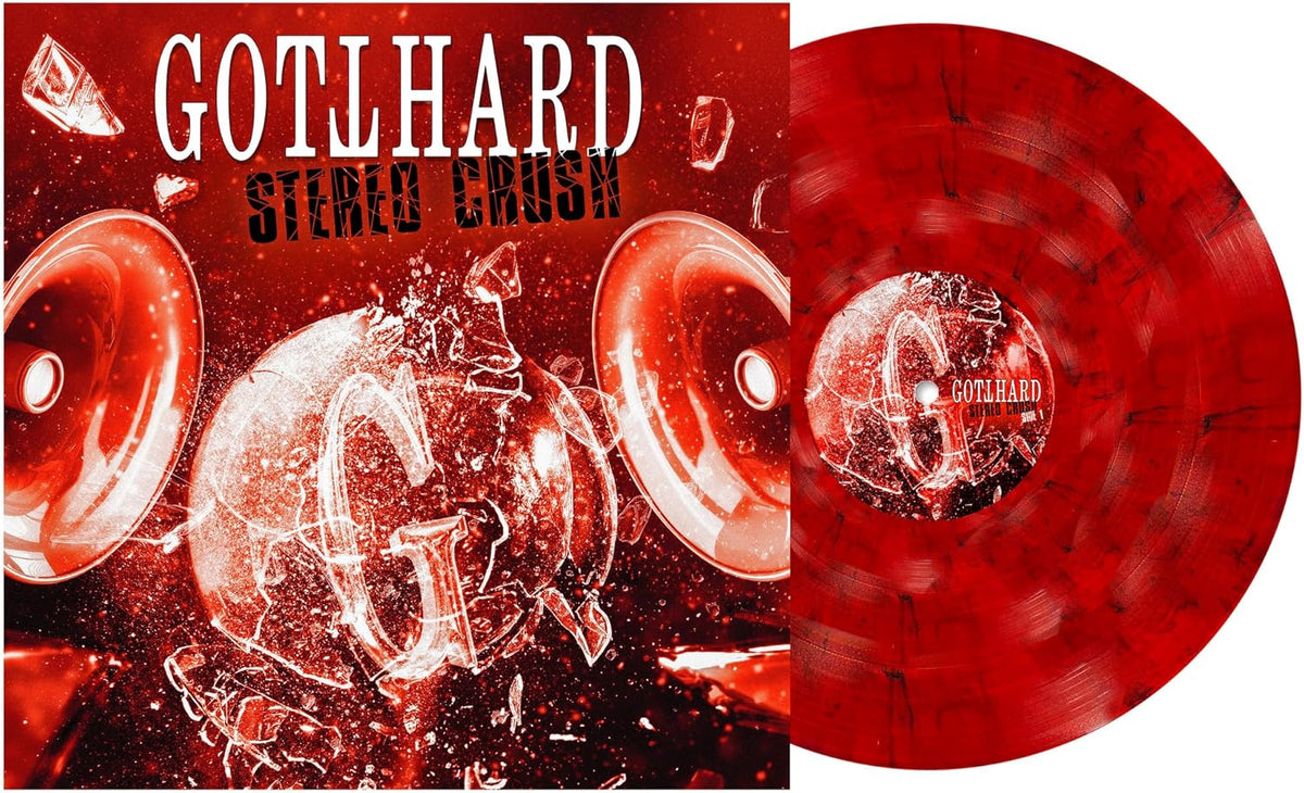 Red marbled vinyl record with a robotic head and shattered glass image.