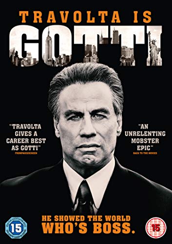 DVD cover for "Gotti" featuring John Travolta in a suit, city skyline.