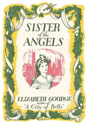 Book cover illustration featuring a girl, a cathedral, and a decorative green garland border.