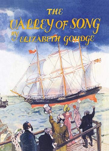 Book cover illustration showing a sailing ship and people watching from a wooden pier.