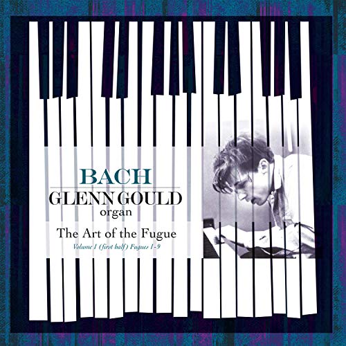 Album cover: Glenn Gould at an organ, with piano keys background.