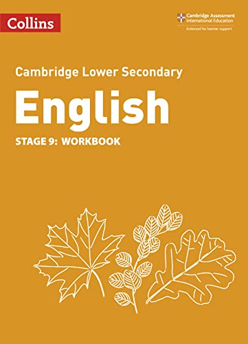 Orange Collins Cambridge Lower Secondary English Stage 9 workbook cover with white leaf illustrations.