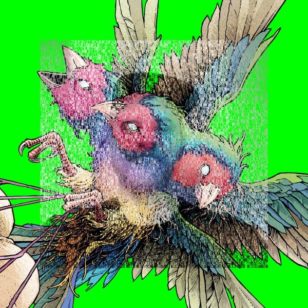 Colorful illustration of multiple Gouldian finches with glitch effect.