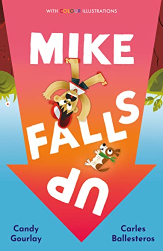 Book cover showing a boy and a dog falling inside a large downward arrow.