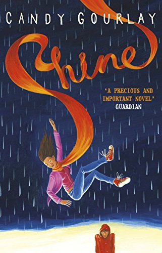 The image depicts a book cover with a girl falling from the sky. Alt text: Girl in pink falls from dark blue rainy sky, orange ribbon flowing behind.