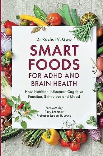 Book cover with title “Smart Foods for ADHD and Brain Health” and surrounding produce.