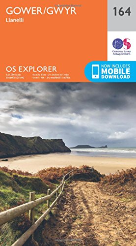 Ordnance Survey Explorer map 164 for Gower and Llanelli featuring a coastal beach scene.