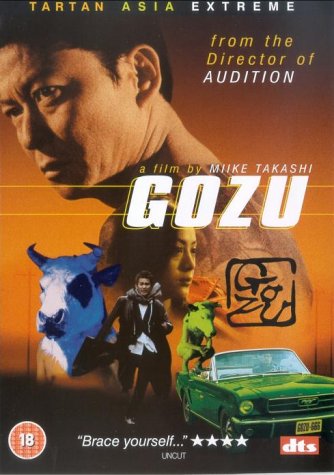 DVD cover for the film "Gozu" featuring a man, cows, and a car.