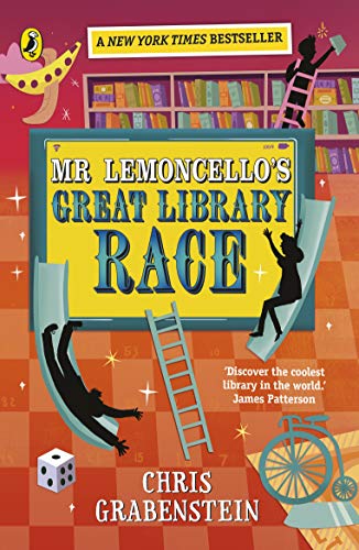 Book cover featuring title, silhouettes on slides, a ladder, and library shelves.