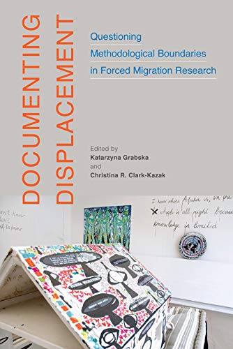 Book cover: "Documenting Displacement," with abstract art in the background.
