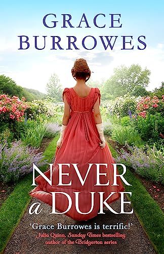 Book cover: woman in red dress walking down a garden path.