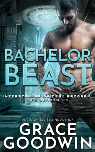 Muscular man in a sci-fi setting, book cover titled “Bachelor Beast”.