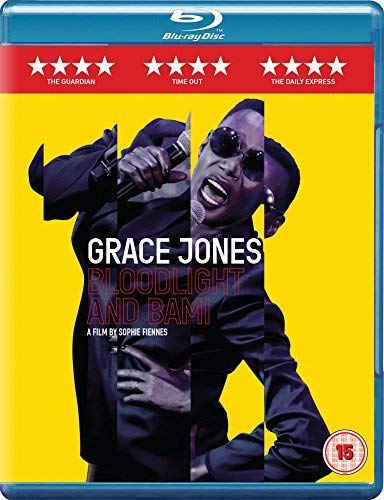 Blue-ray case with a yellow background featuring a split image of Grace Jones singing.