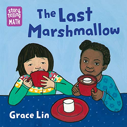 Book cover: two children with hot cocoa and one remaining marshmallow.