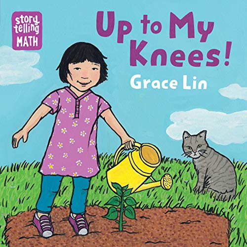 Book cover: girl watering plants with a cat, titled "Up to My Knees!